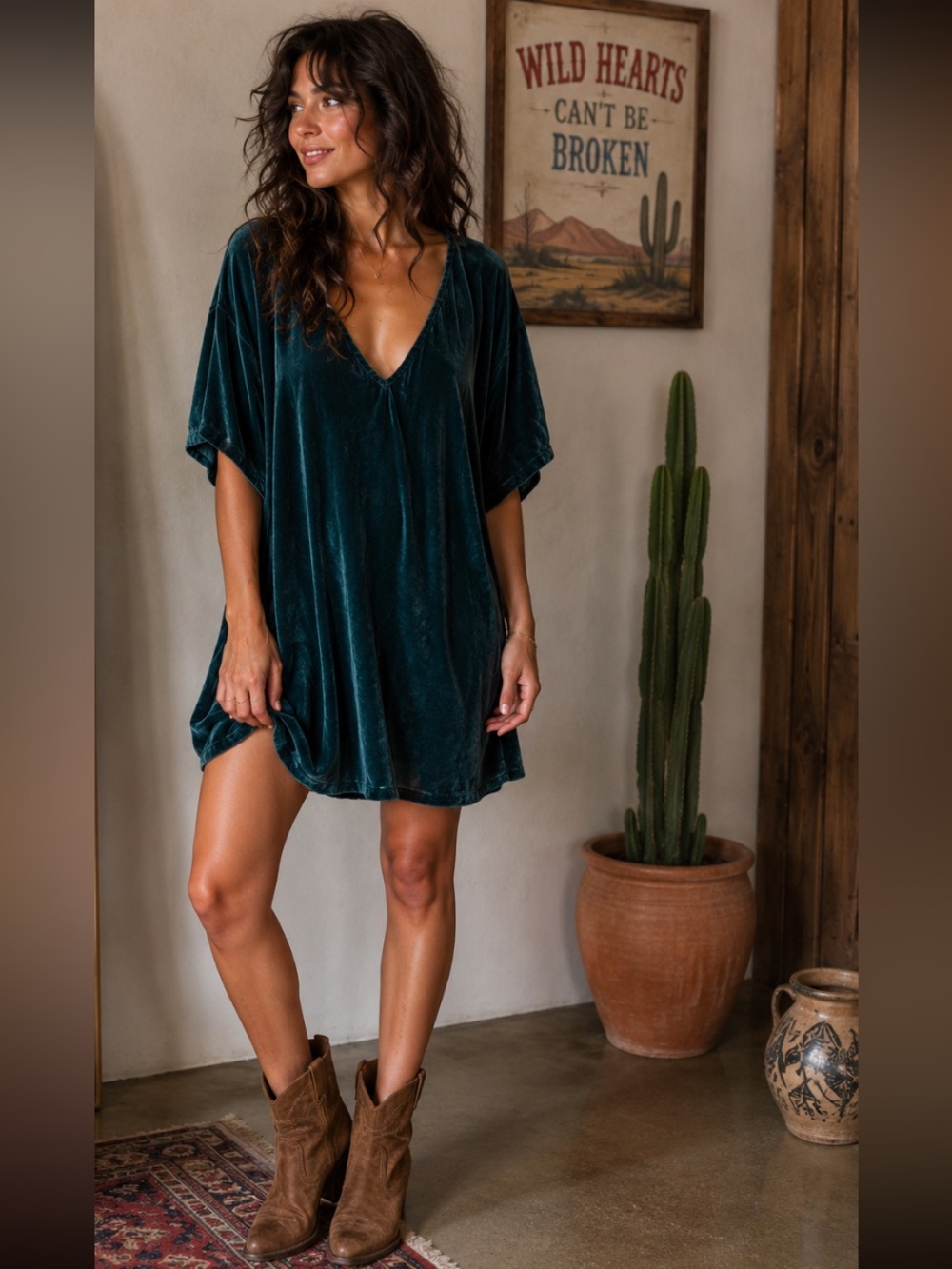 ♥️Free People —CP Shades Teal Velvet V-Neck, Oversized Tunic. Lightweight. M ♥️